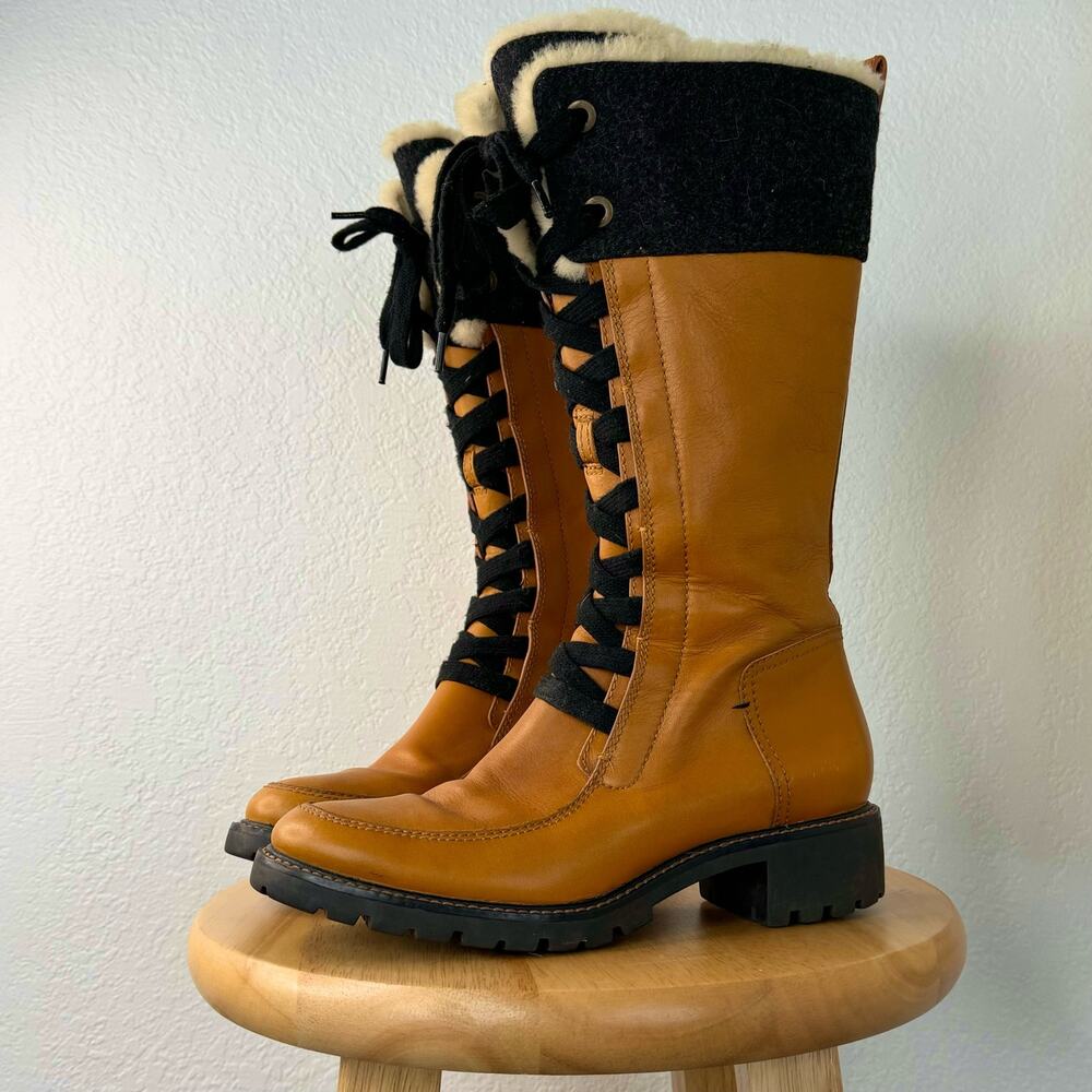 Cole Hann Henson Tall Leather Boots Camel Sherling Lace Up Lug Sole Size 6 1/2
